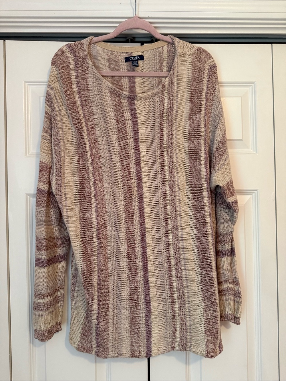 Chaps Cream & Mauve Striped Scoop-Neck Sweater